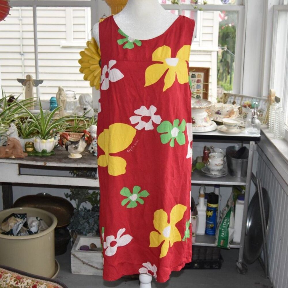 80s Jams World Surf Line Hawaii Tradewinds Red Floral Sleeveless Shift Dress Lg